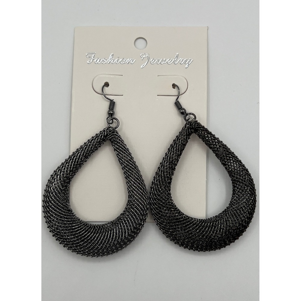 Gunmetal Mesh Teardrop Earrings Dark Metallic Woven Statement Dangle Fishhook